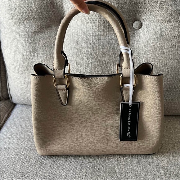 La Terre Fashion Handbags - La Terre Fashion Beige Pebbled Satchel with Top Handles